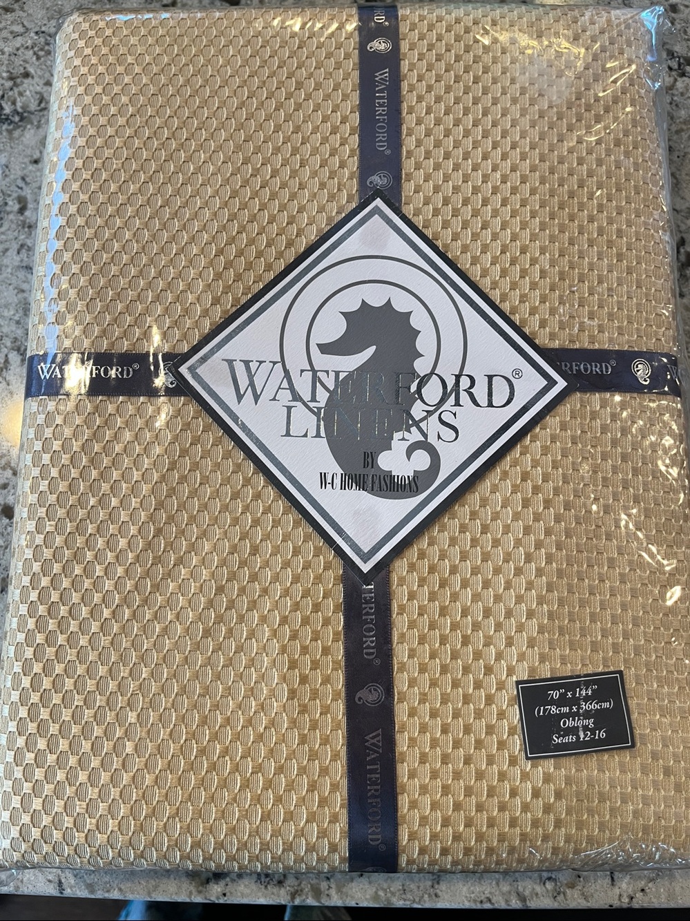 Waterford Linens Crosshaven -Spun Gold Tablecloth Brand New 70x144 Oblong 2009